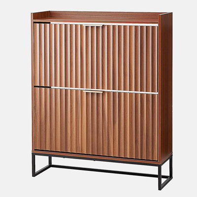 Rangement à chaussures Mid-Century cannelé avec 2 tiroirs rabattables et rangement autoportant en noyer pour le couloir d'entrée et la chambre à coucher | Idée de cadeau