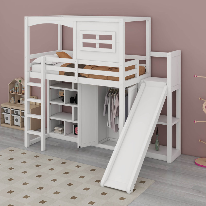 Lit mezzanine simple avec garde-robe, structure de lit mezzanine en bois massif avec glissoire, fenêtre, tablettes de rangement et lumières DEL