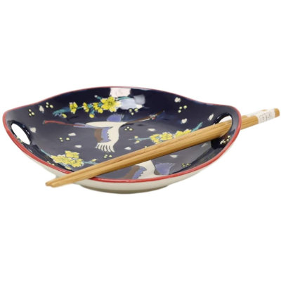 Ebros White Crane In Midnight Sky Appetizer Snack Serving Coupe Plate Dish With Chopsticks And Built In Rest Set Small Flat Bowl For Hors D'oeuvres Sushi Ice Cream Serveware Plates (2)