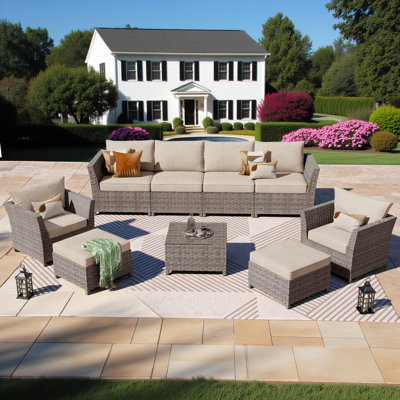 8- Person Mostly No Assembly Required Patio Furniture Set, Outdoor Wicker Rattan Sectional Seating Group With Cushions, All Weather Sofa Conversation Set For Garden Backyard