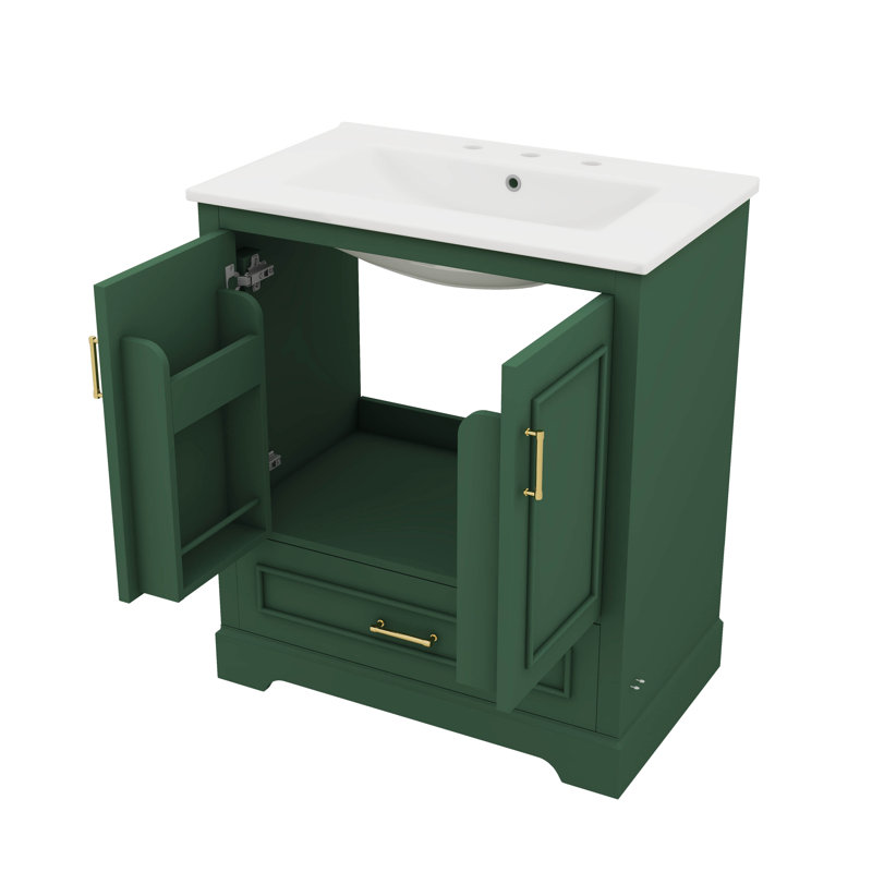 Meuble-lavabo moderne avec lavabo en céramique 2 portes et 1 tiroir pratique, Vert