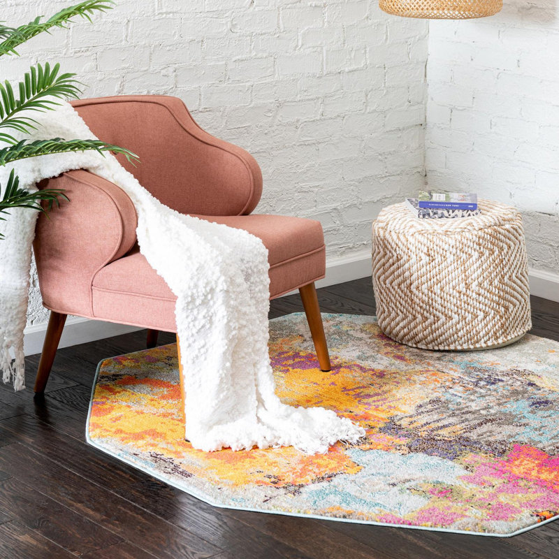 Washable Abstract Indoor Rug, Octagon 5'3" x 5'3"