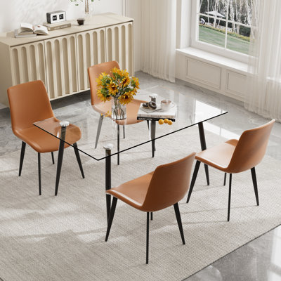 Ensemble de table de salle à manger rectangulaire moderne en verre, table de salle à manger rectangulaire avec 4 à 6 chaises en similicuir, plateau de table en verre trempé avec pieds en métal noir, ensemble de table de cuisine pour la maison, le salon