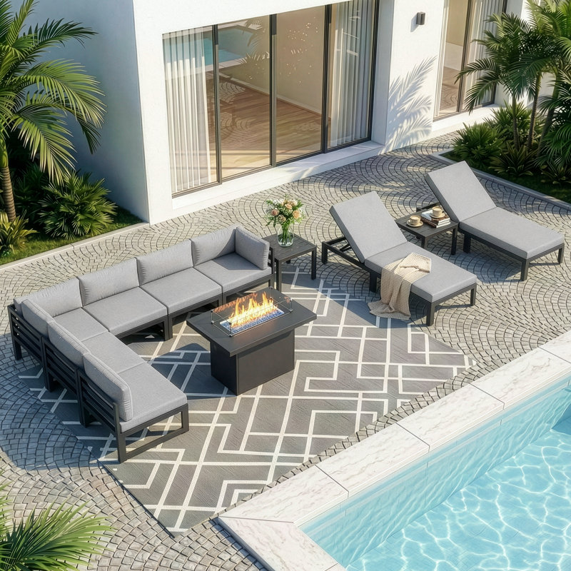 Glenita 8 - Person Outdoor Patio Aluminum Sectional Set with Firepit Table Chaise and Cushions, Light Gray