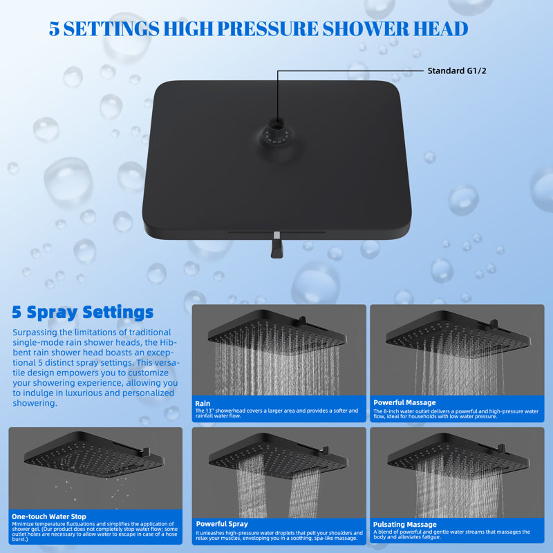 Pommeau de douche haute pression 5 jets de 33 cm (13 po) certifié CUPC avec rallonge de douche incurvée de 41 cm (16 po), noir mat