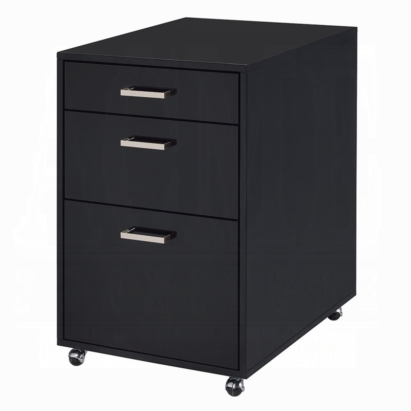Bard File Cabinet, 3 Drawers With Chrome Metal Handles, Black High Gloss