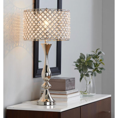 Topaz 27" Contemporary Metal Table Lamp in Polished Nickel with Clear K9 Crystal and Metal Shade