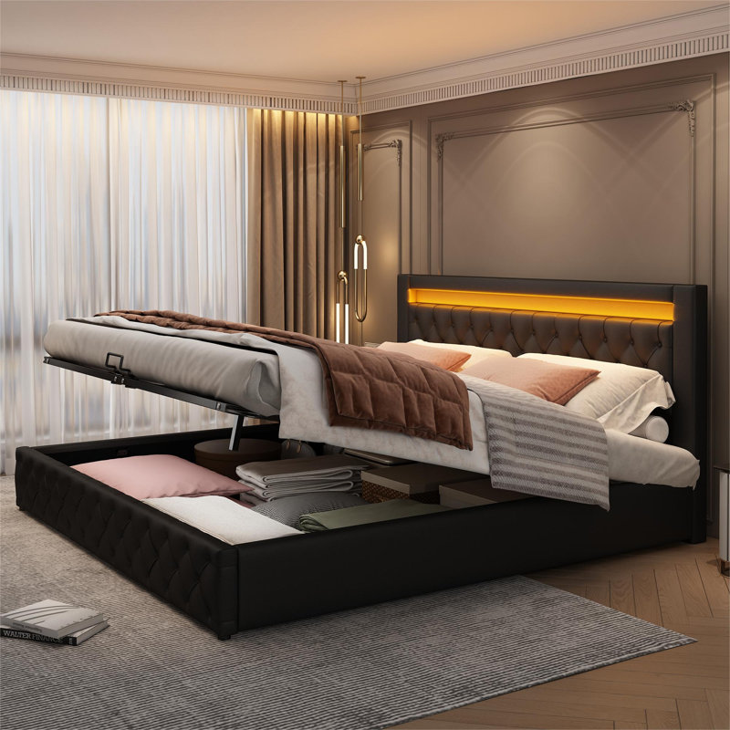 Boyertown Upholstered Ottoman Storage Bed, Black, European Kingsize (160 x 200cm)