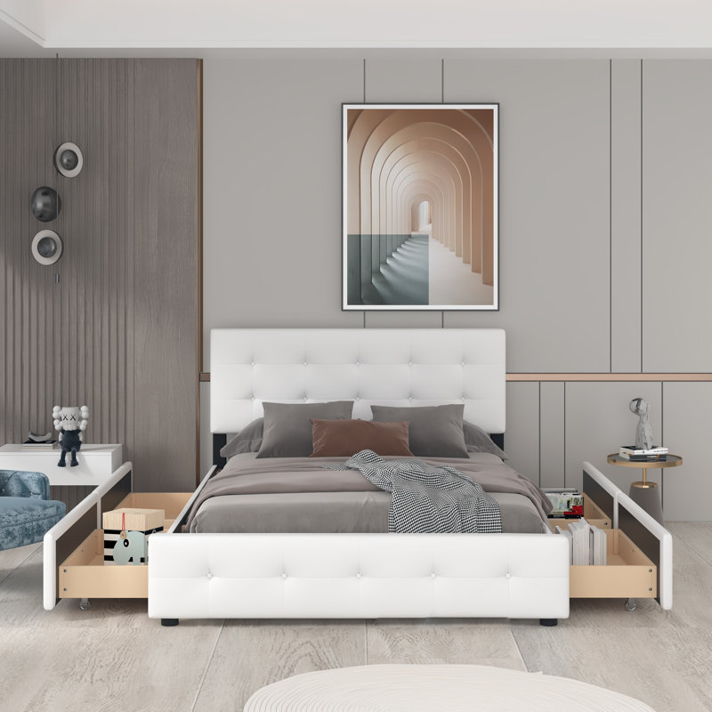 Upholstered Platform Storage Bed, White