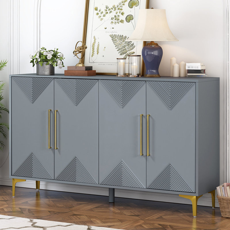 Buffet à deux tons à motif triangulaire - rangement fonctionnel et élégant à quatre portes pour différentes pièces, tablettes réglables, gris