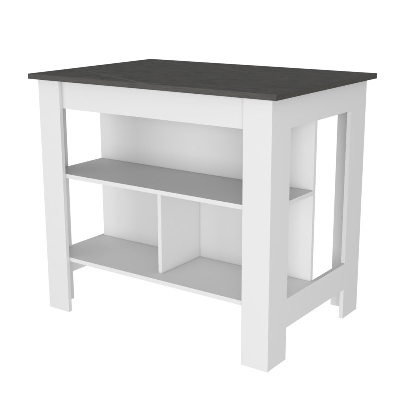 Brooklyn  Kitchen Island, Three Concealed Shelves, White/Dark Gray