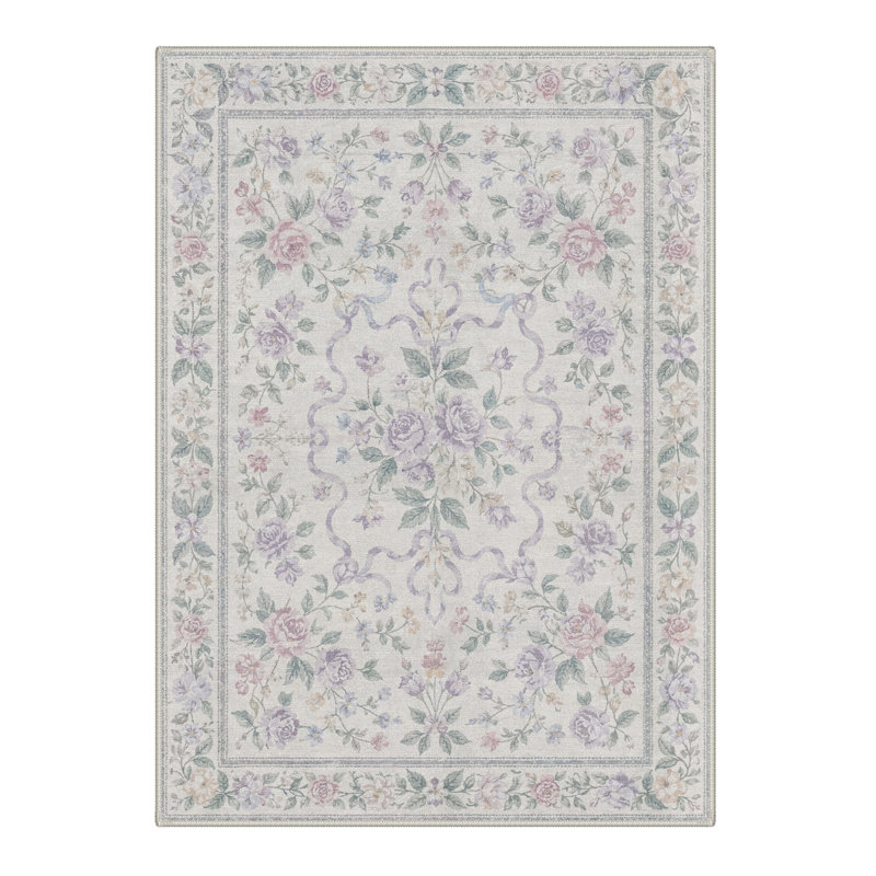 Tapis floral ivoire / gris lavable à la machine avec envers antidérapant, Rectangle 9' x 12'