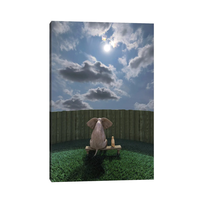 Elephant And Dog Sit By The Fence And Look At The Sky by Mike Kiev - Wrapped Canvas Painting, 20.32 cm H x 30.48 cm W