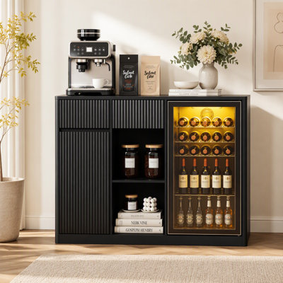 51.2" Modern Fluted Bar Cabinet with Fridge Compartment(Fridge Not Included, Adjustable Shelves & Built-in Power Outlets, Multipurpose Wine Storage Cabinet for Living & Dining Room, Black