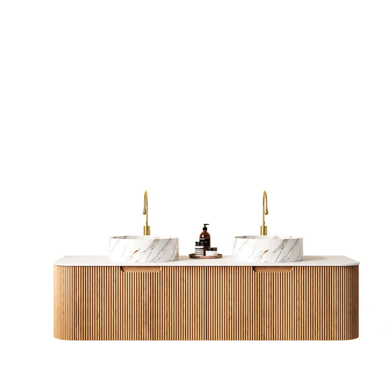 Meuble-lavabo de 60 po, 2 lavabos ronds blancs en céramique, tiroirs, bois naturel rayé 3D, pré-assemblé, éviers à déformation, rayé, rangement spacieux