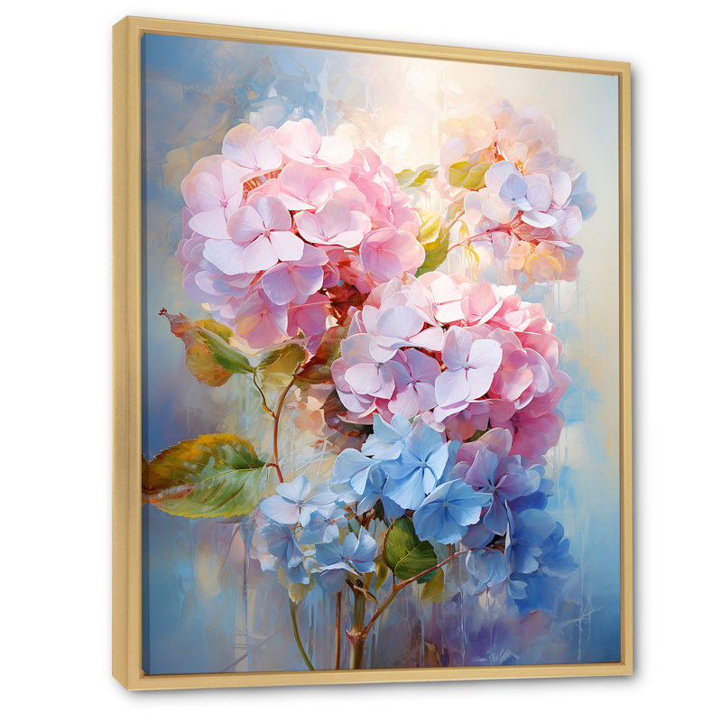 Délicat bouquet d'hortensias tendres pastel I sur toile, H 20 po x l 12 po x P 1 po, Cadre flottant brun