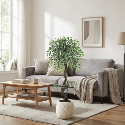 4FT Realistic Artificial Ficus Tree – 1100+ Lifelike Silk Leaves, Imitation Ceramic Planter, Green Moss & Pebbles, Tall Faux Plant for Living Room, Office, or Outdoor Display – Size: 120cm