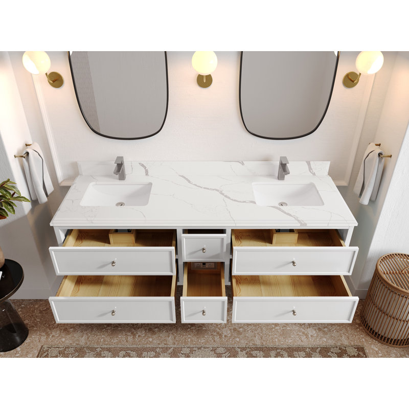 Roswell Floating 72'' Double Bathroom Vanity with Quartz Top, Calacatta Laza