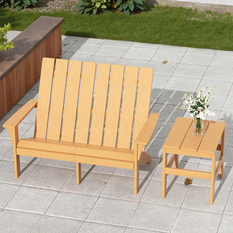 Modern Adirondack Outdoor Loveseat With Side Table, Weather-Resistant Patio Seating Set For Backyard Comfort, Tan