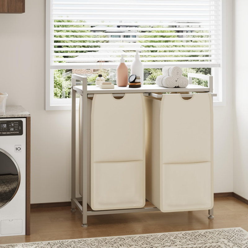 Trieur de linge à 2 sections avec tablette, panier à linge coulissant double avec sacs amovibles, range-vêtements autoportant en métal