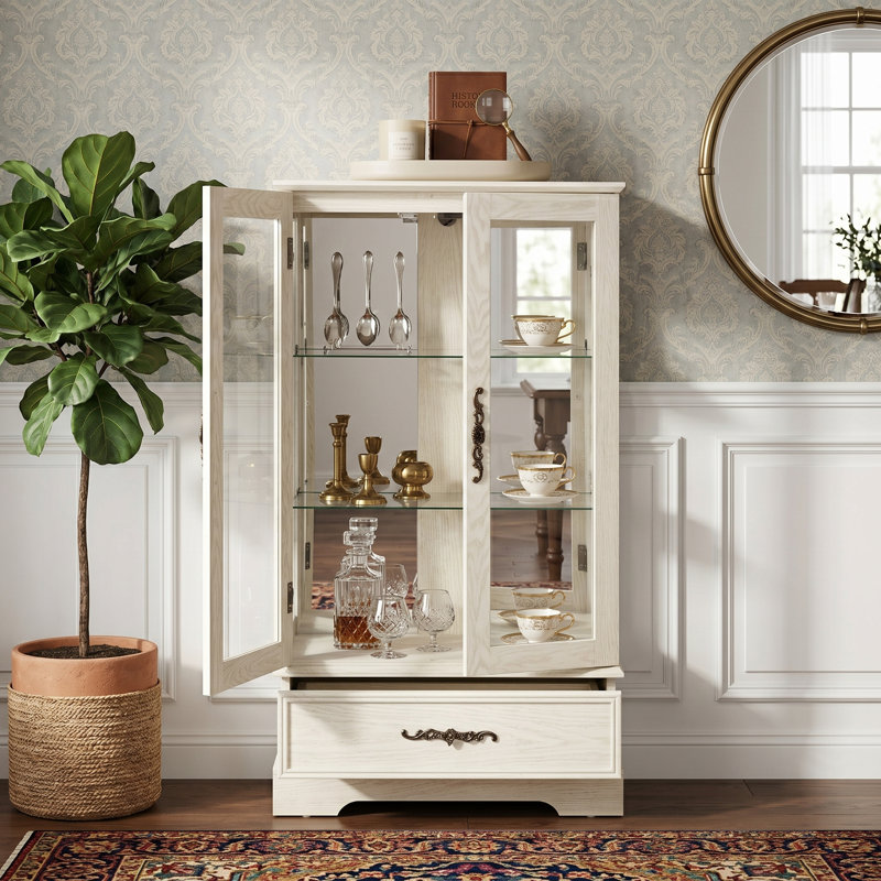 Vitrine lumineuse vitrée à 2 portes avec tablettes réglables, tiroir intégré et ampoule incluse, Blanc