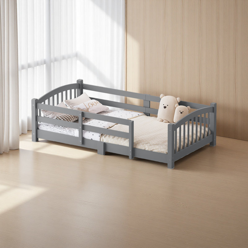 Solid Wood Floor Bed With Fence And Without Door, Twin, Gray