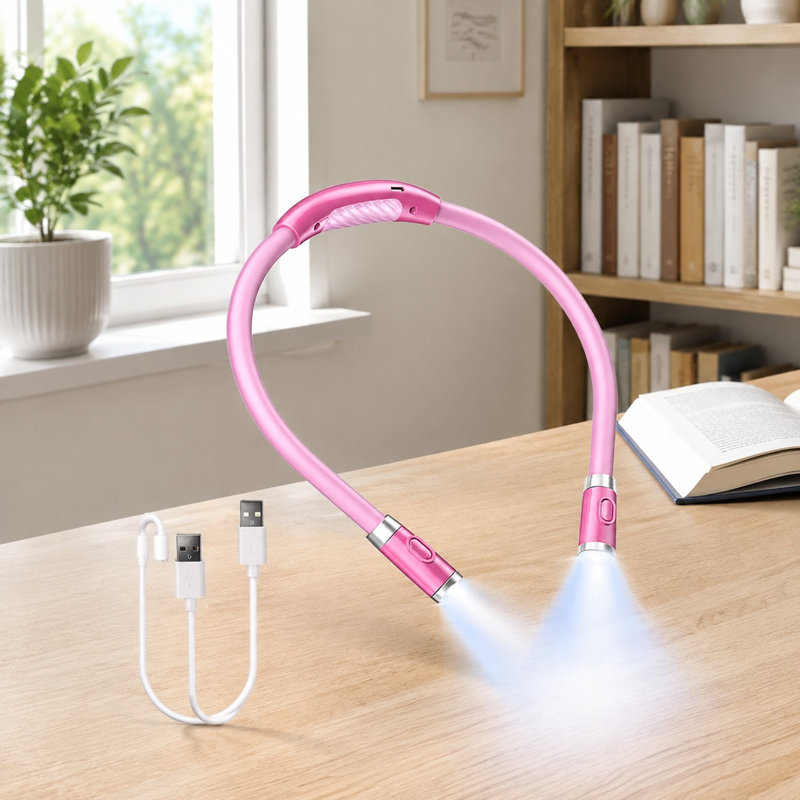 Lampe de lecture mains libres à porter autour du cou, avec bras flexibles à 360°, 3 couleurs et 6 niveaux de luminosité, offrant 80 heures d'autonomie grâce à sa batterie rechargeable, idéale pour la lecture, le tricot, le camping et les réparations.
