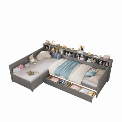 Day Bed For 2, L- Shape Bed Frame With Storage 3 Drawers,  Wooden Corner Bed With Bookshelf, Corner Bed Frame For Bedroom, Living Room