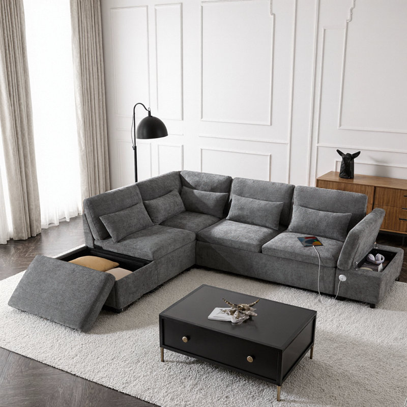 Grand lit escamotable, accoudoir USB-C ajustable, repose-pieds de rangement mobile, 5 coussins lombaires, siège en forme de L à 6 places, luxueux d'appartement