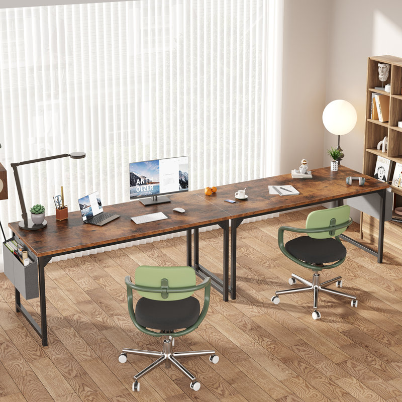 Bureau d'ordinateur 63 po avec structure en métal, surface imperméable et sac de rangement - idéal pour le bureau, Brun