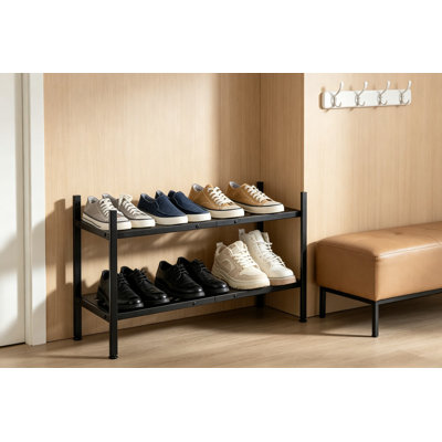 Metal Shoe Rack 2 Tier, 35 Inches Long Stackable Shoe Organizer Shelf for Closet, Entryway, Garage, Floor and Door Entrance, Heavy Duty Shoe Stand Holder, Black