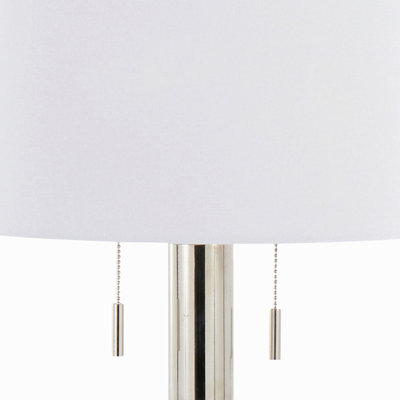 29" Contemporary Metal Table Lamp In Polished Nickel And White Linen Shade - Set Of 2