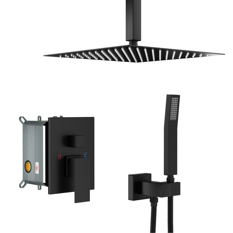 Fixation au plafond, carré de 10 pouces, pomme de douche double, noir mat, protection contre les brûlures, douche de pluie, tête réglable à 360 °, fonction, réglable, pluie, tous les composants