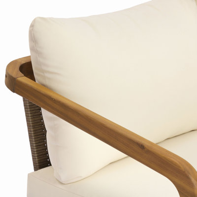 Fauteuil club d'extérieur en bois d'acacia avec dossier et coussins en osier PE (ensemble de 2) - Fauteuil d'appoint moderne pour balcon, bord de piscine et véranda