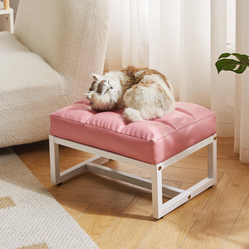 Rectangle Ottoman with Stable Metal Frame, White, Pink