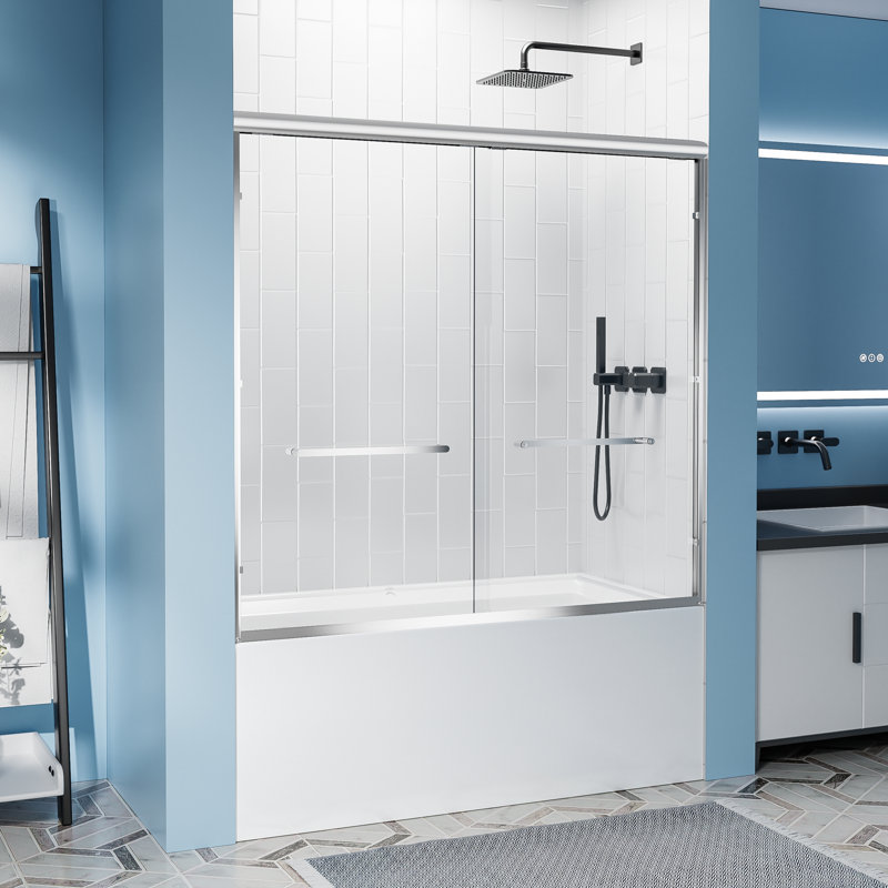 Cadre en aluminium 60 po x 57 po en verre trempé 1/4 po avec poignée anti-déflagrante à double porte coulissante en acier inoxydable, chrome