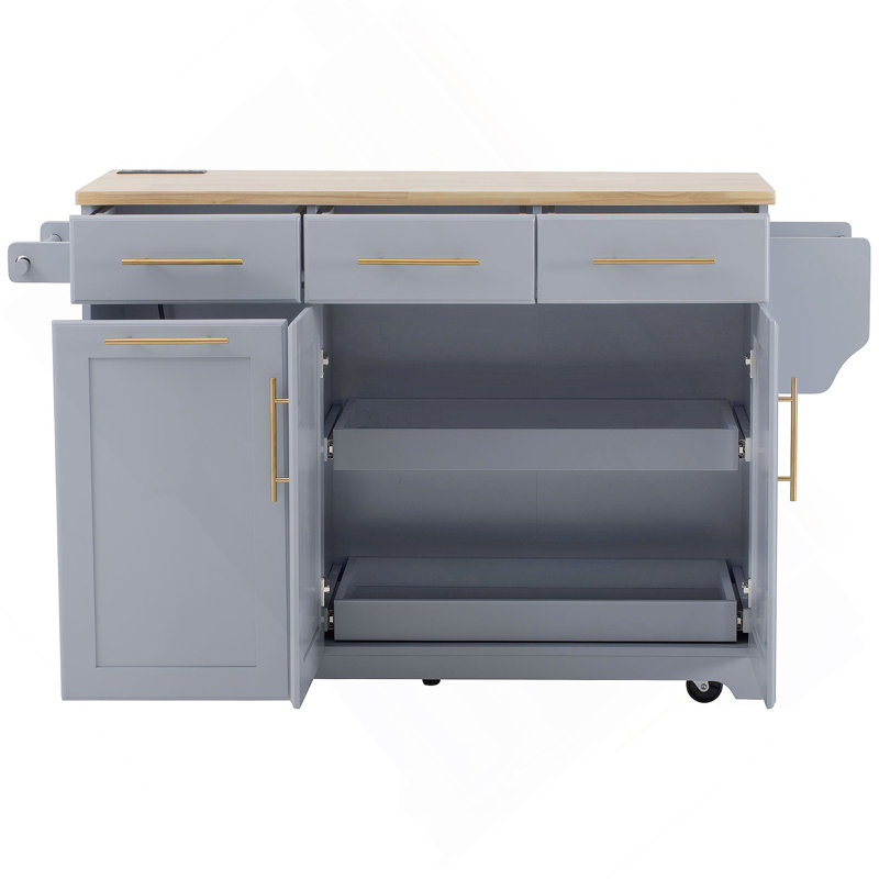 Îlot de cuisine 59,3 po avec 2 armoires coulissantes et rallonge en bois d'hévéa, îlot de cuisine roulant avec rangement pour poubelle, prise de courant, support à épices et à serviettes pour la cuisine, la salle à manger, gris-bleu
