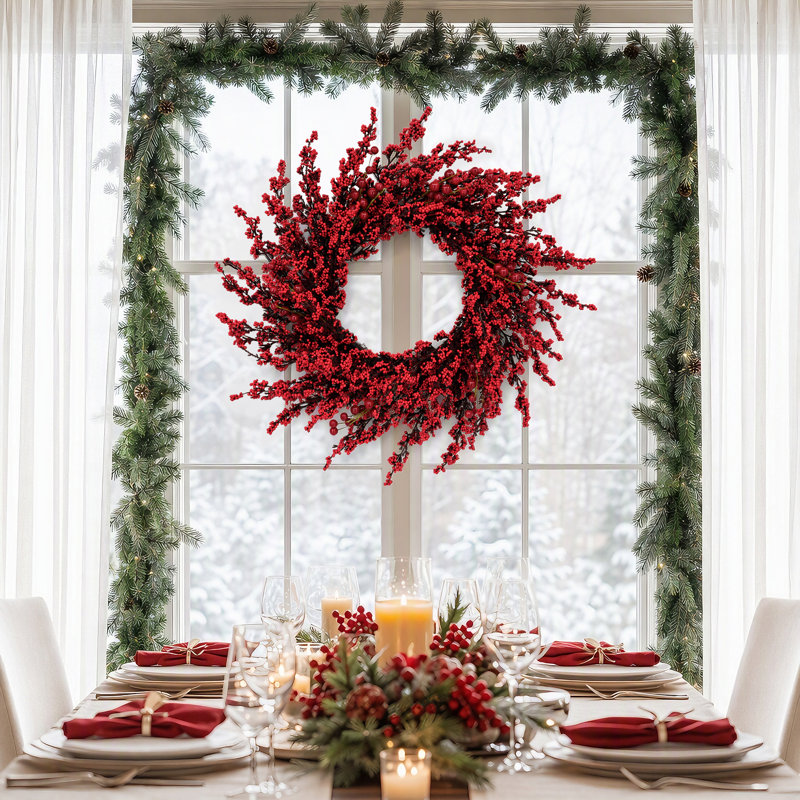 Couronne de Noël artificielle 24 po avec baies rouges, couronne de fêtes réaliste rouge et verte pour porte d'entrée, mur, manteau de cheminée