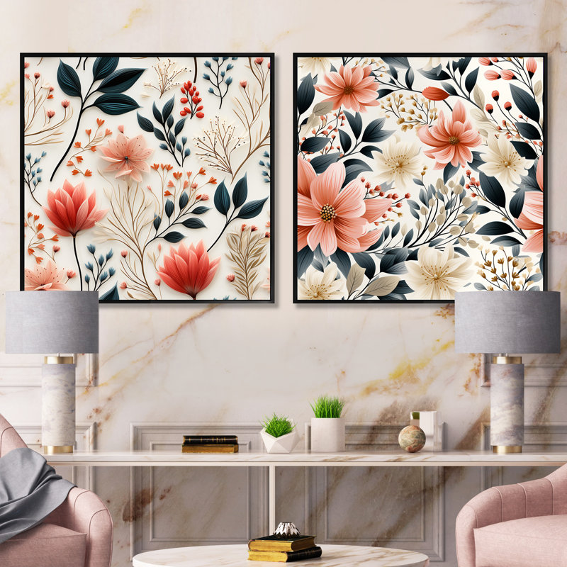 Neutre feuillage II - ensemble de 2 collages carrés floral et botanique, Cadre flottant noir, H 16 po x l 33 po
