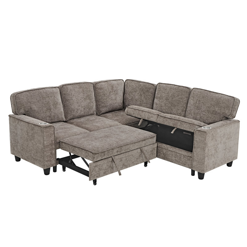 Canapé en L avec canapé-lit, canapé-lit avec siège de rangement, canapé-lit modulaire à 5 places avec port USB, canapé-lit modulaire pour salon, appartement, brun clair