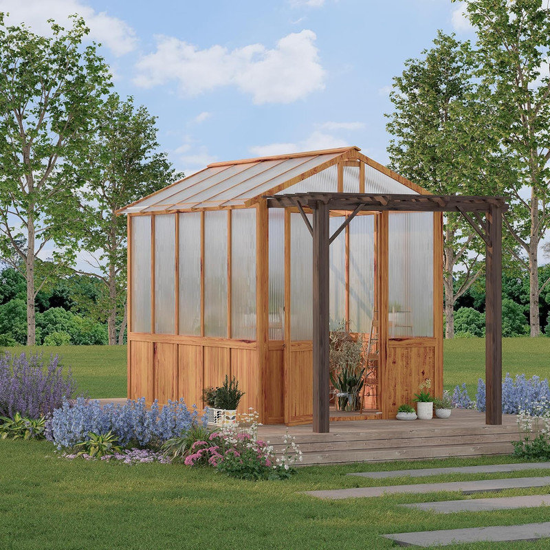 8x13FT Greenhouse Kit with Pergola, Cedar Frame & Polycarbonate Panels, Walk-in Design