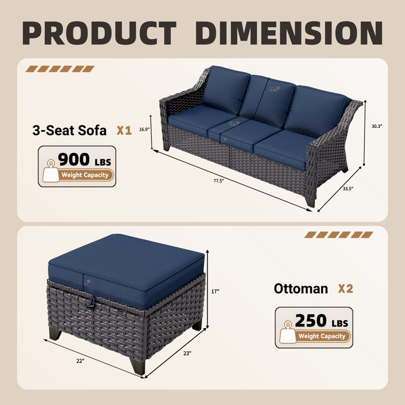 77'' Wide Wicker Outdoor Patio Sofa, Blue