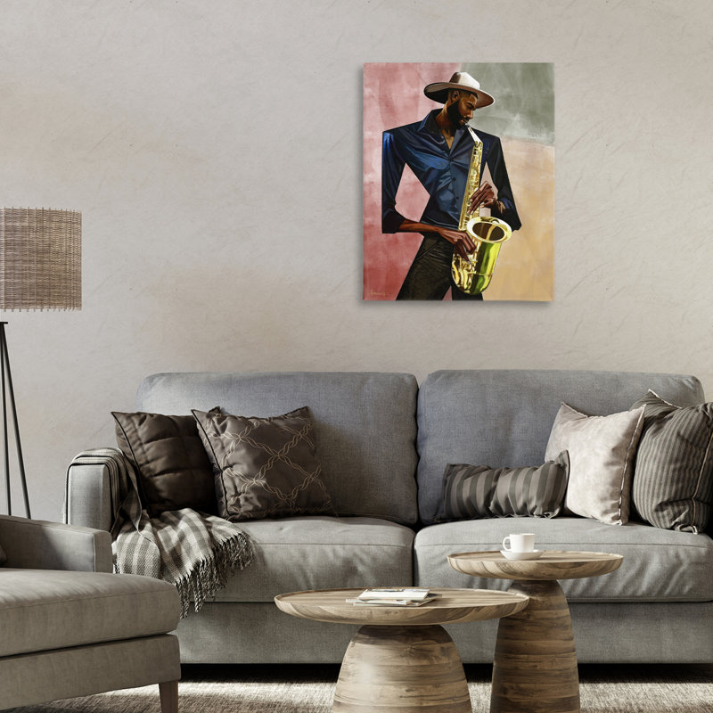 Toile de joueur de saxophone, conception par Manasseh Johnson Sr, H 20 po x l 16 po