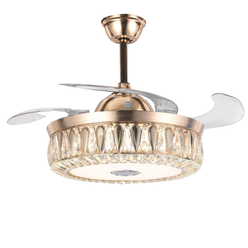 43" Retractable Blades Crystal Ceiling Fan with LED Light & Bluetooth, 3-Speed Dimmable Modern Gold Ceiling Fan Light for Living Room, Bedroom, Dining Room
