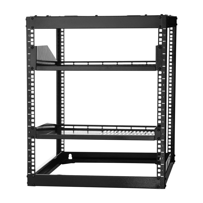 Support réseau 12U à cadre ouvert, profondeur de 23 po, tablettes ventilées sur pied, quincaillerie de fixation, poignées pour plusieurs appareils audio-vidéo, espaces muraux ou debout limités, fabrication haute résistance, idéal