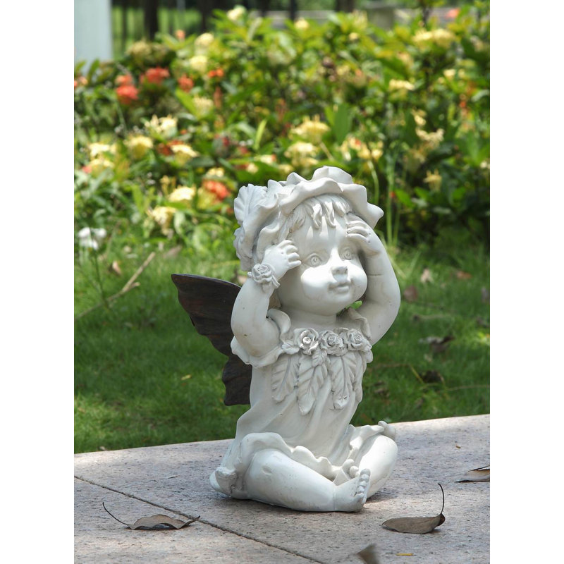 Creamy White and Dark Winged Resin Fairy Statue