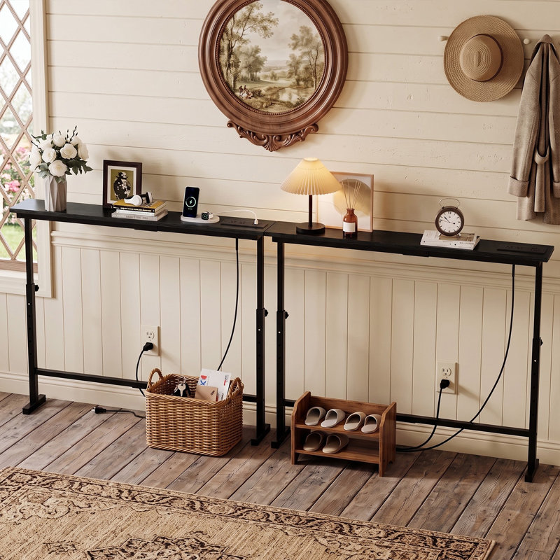 Console étroite 2 pièces avec station de charge, table d'entrée à hauteur réglable pour petits espaces, Noir