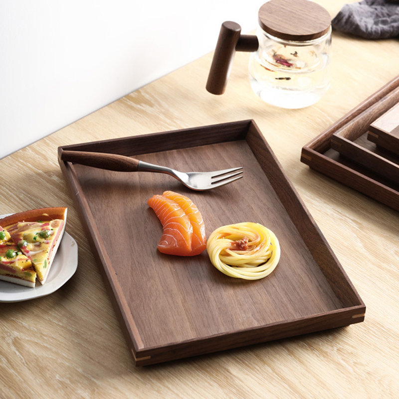 Plateau de service en noyer noir de style japonais - Plateau rectangulaire en bois massif pour le thé, le café, les desserts et les repas