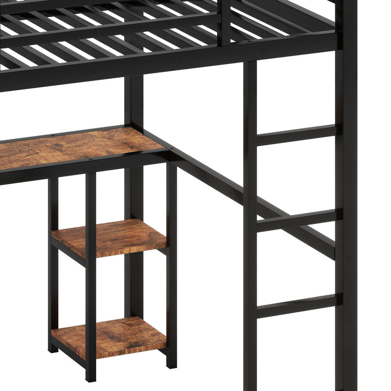 Metal Loft Bed Frame With Built-In Wardrobe, Desk And Storage Shelves, Woodgrain, Queen