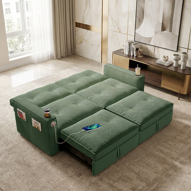 Canapé-lit modulaire convertible 3-en-1 avec port USB et rangement latéral, causeuse multifonctionnelle en velours côtelé vert pour le salon